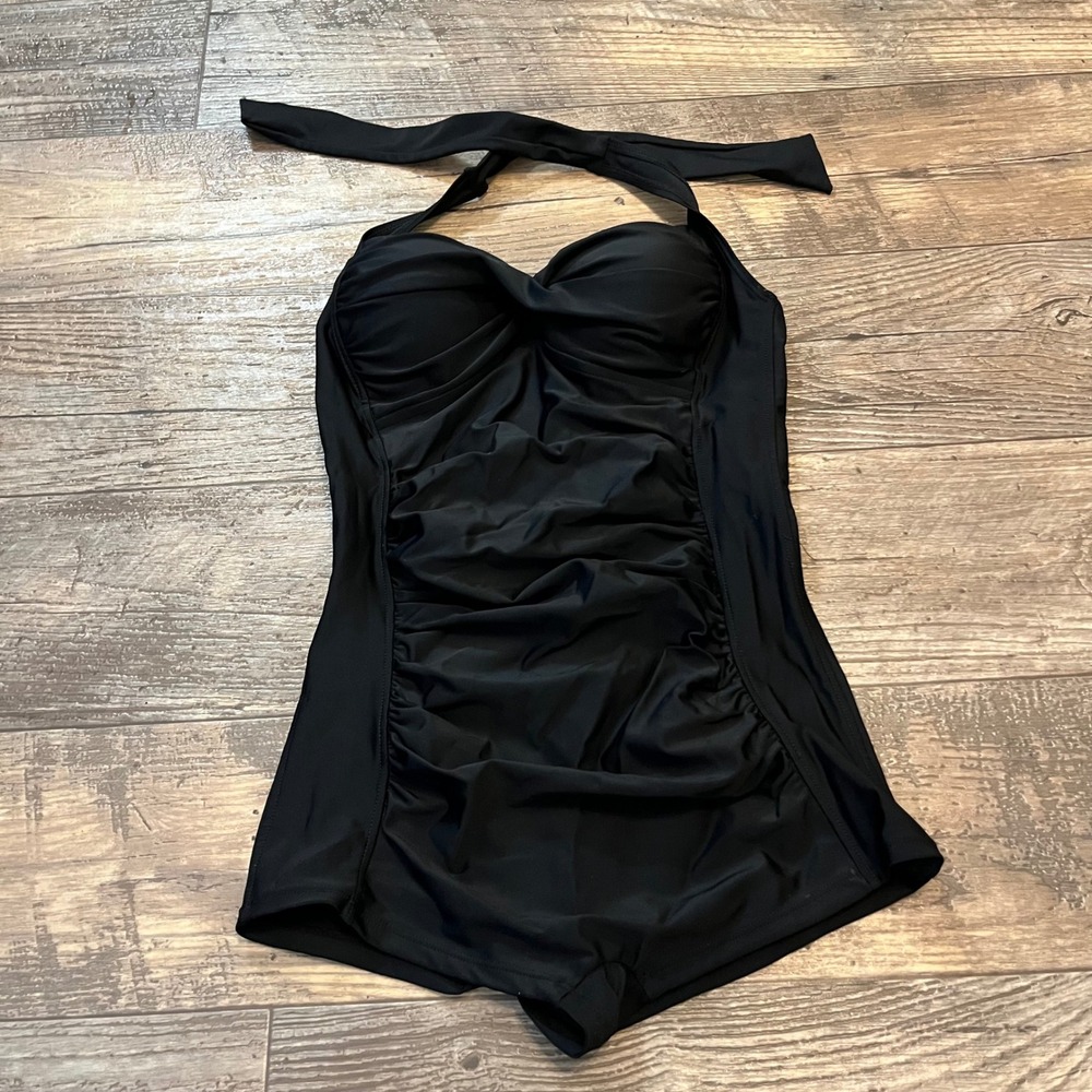 Cocoship Womens Black Retro Ruched Halter One Piece Swimsuit Boy Leg Size 6